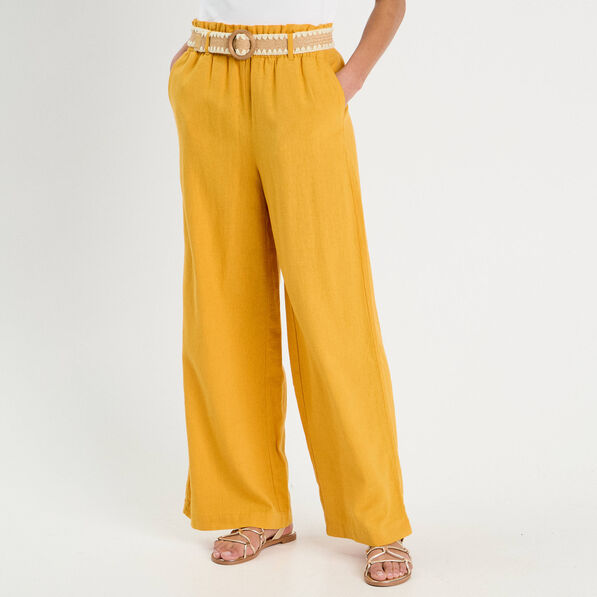 Pantalon large ceinturé contenant du lin jaune citron femme