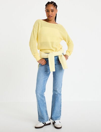 Pull ample ajour&eacute; manches longues jaune pastel femme