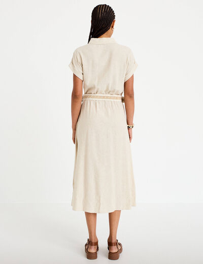Robe &eacute;vas&eacute;e 3/4 col chemise ceinture beige femme