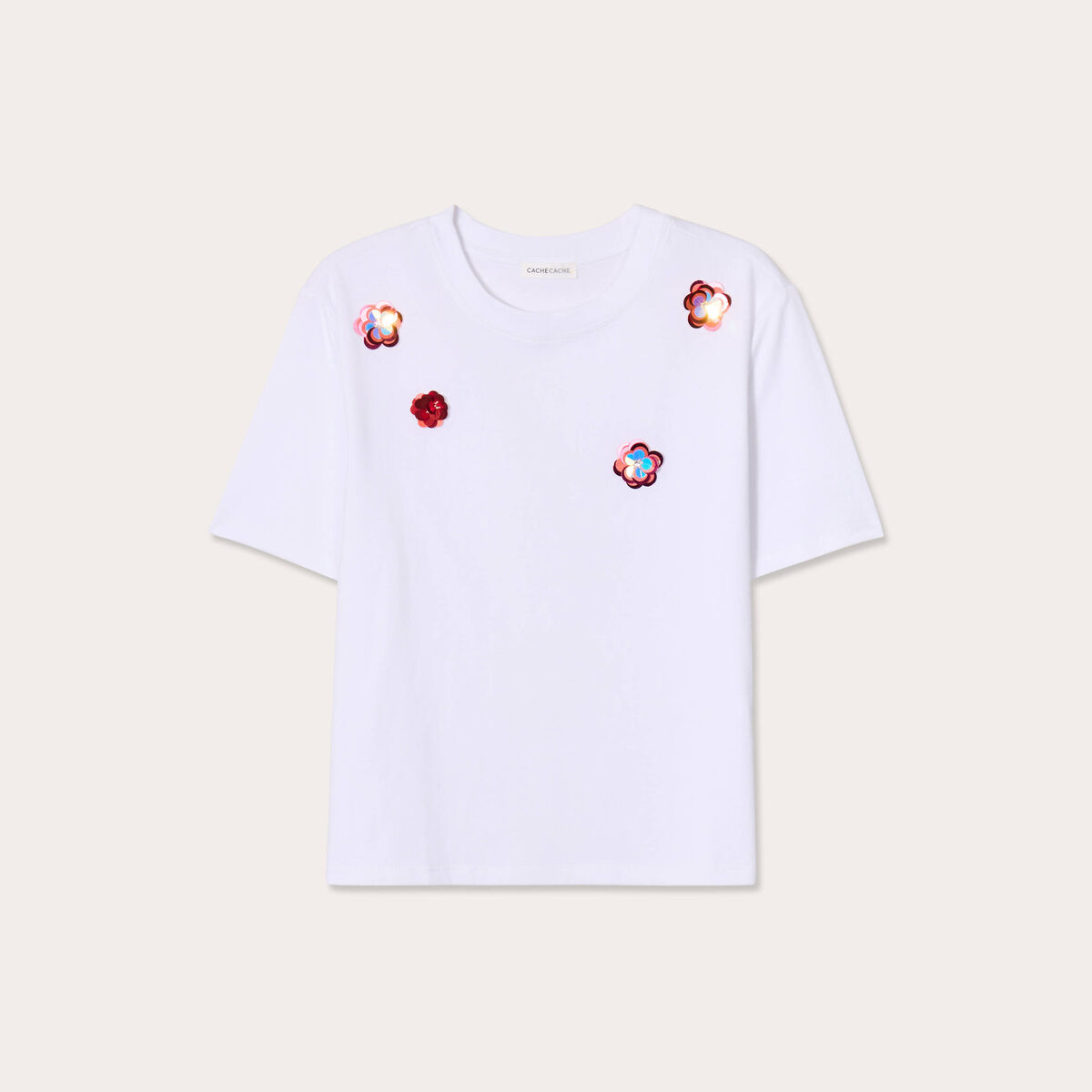 T-shirt d&eacute;tails fleurs sequins blanc femme