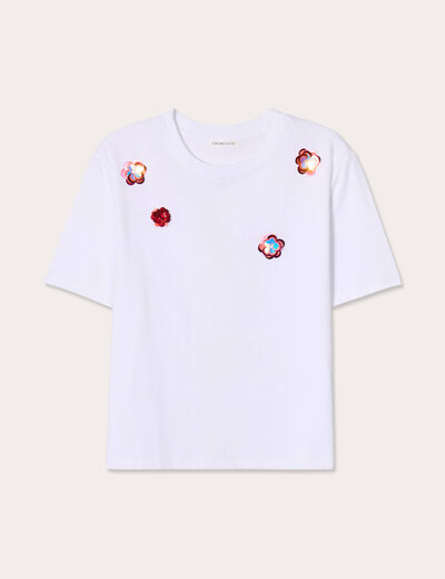 T-shirt détails fleurs sequins blanc femme