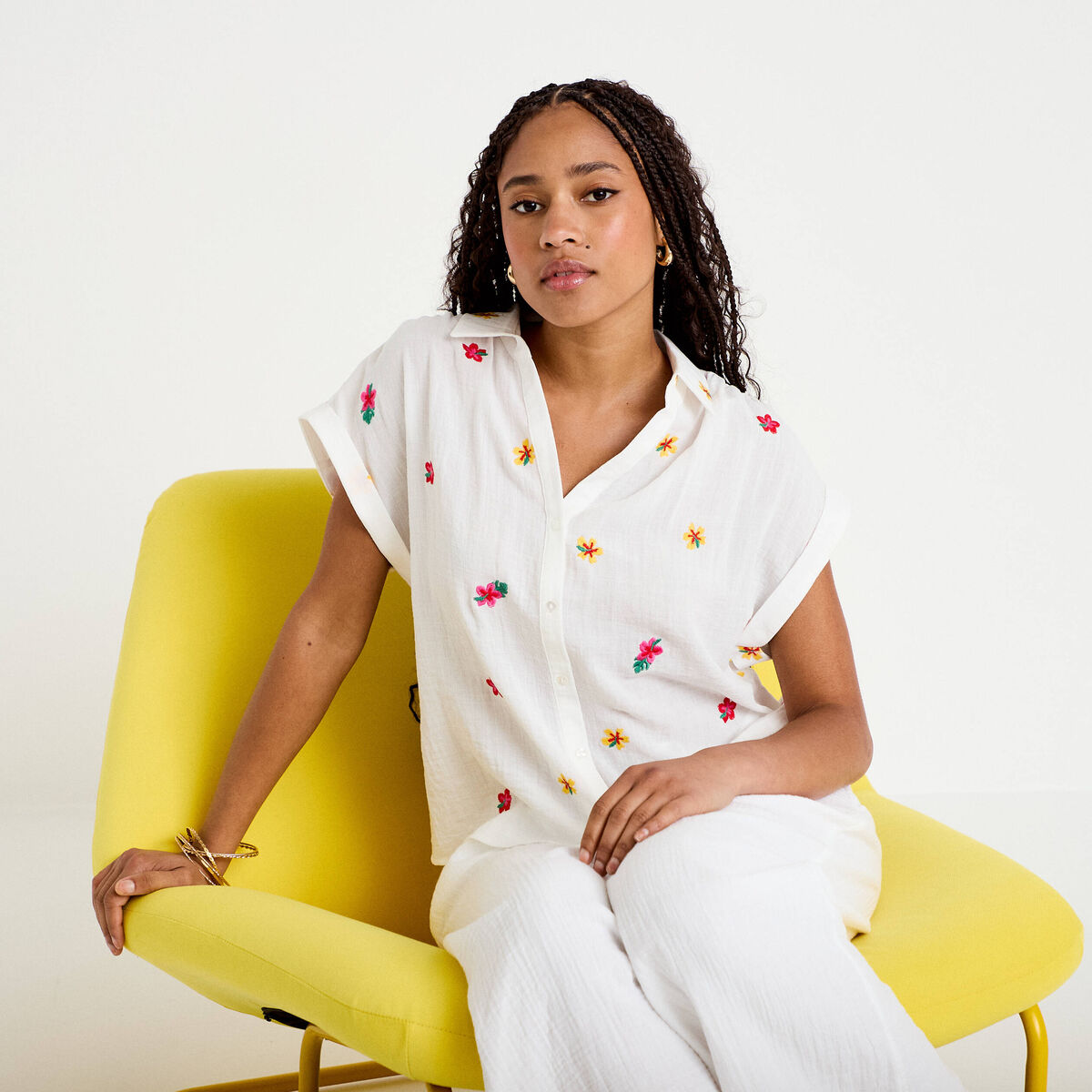 Blouse avec broderie blanc femme