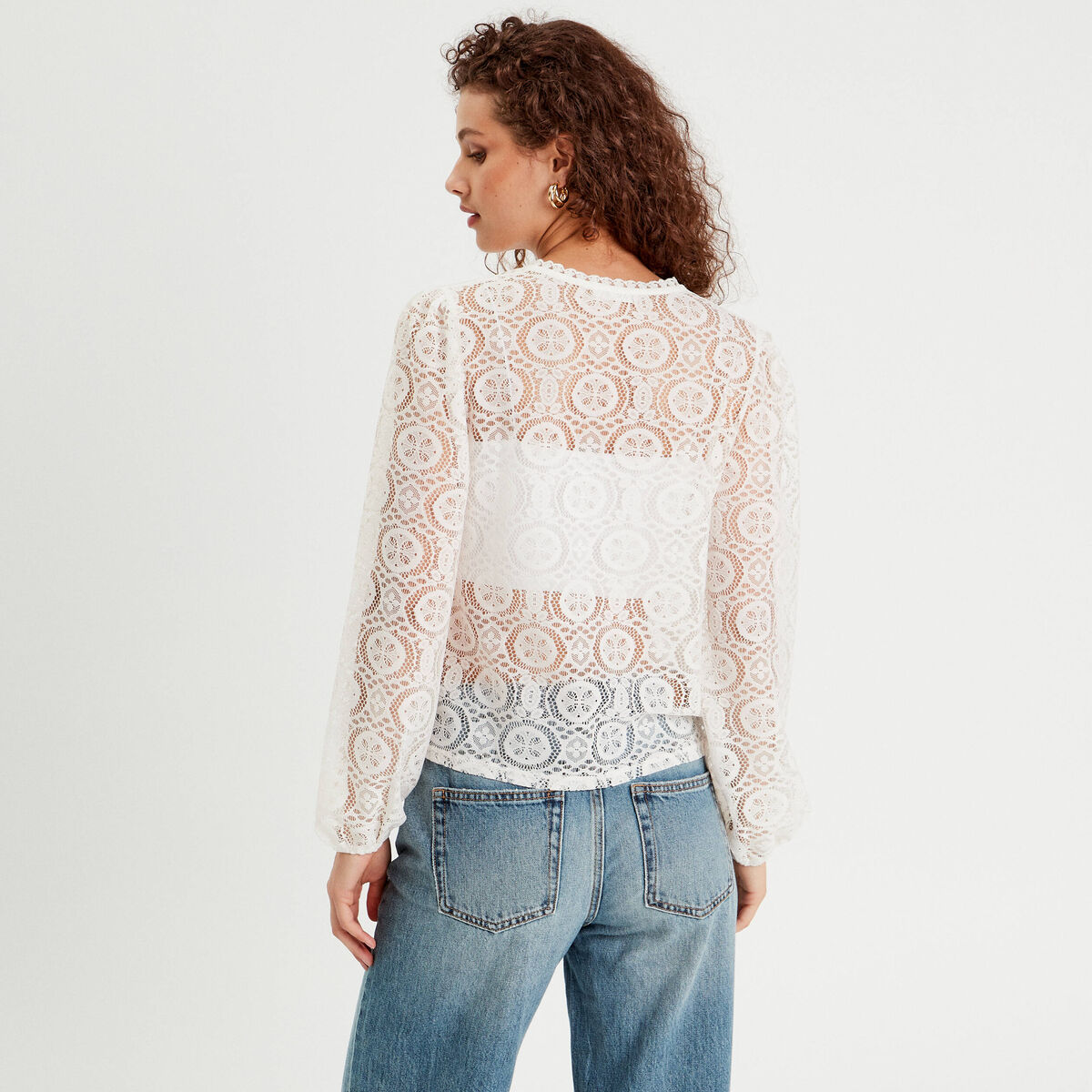 Blouse dentelle col montant ecru femme