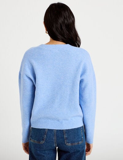 Gilet manches longues fleurs brod&eacute;es bleu ciel femme
