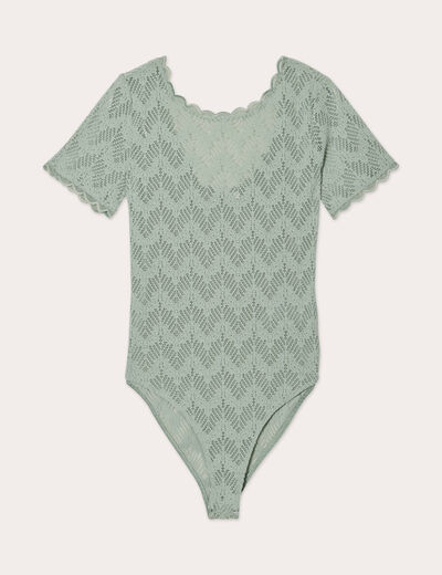 Body manches courtes dentelle vert olive femme