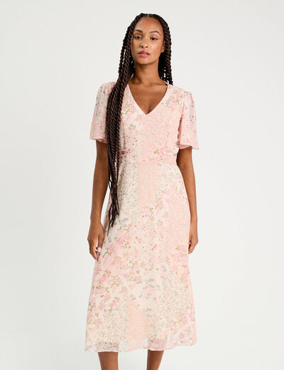 Robe midi évasée col en V rose pastel femme