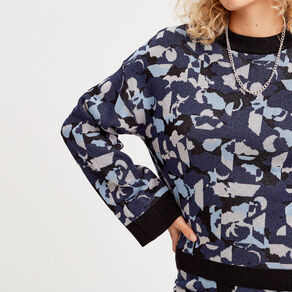 Pull manches longues col rond bleu marine femme