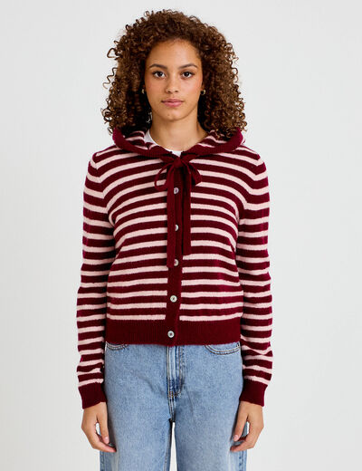 Gilet &agrave; capuche manches longues bordeaux femme