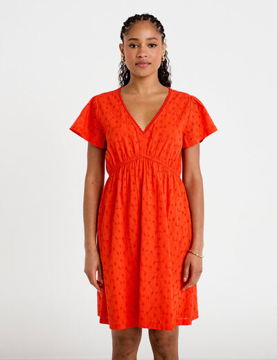 Robe courte &eacute;vas&eacute;e d&eacute;collet&eacute; brod&eacute;e orange fonc&eacute; femme