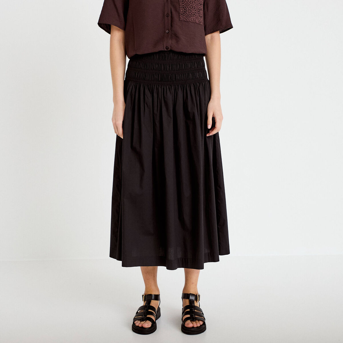 Jupon &eacute;vas&eacute; taille smock&eacute;e noir femme