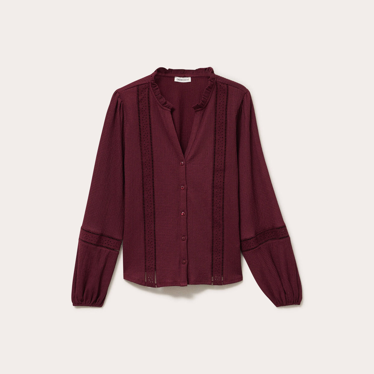 Blouse broderie col V manches longues bordeaux femme