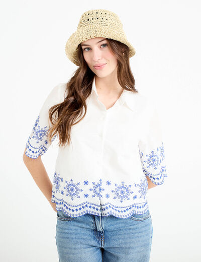 Chemise brod&eacute;e manches courtes ecru femme