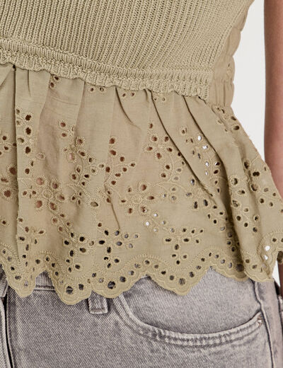 Crop top tricot avec broderie vert kaki femme