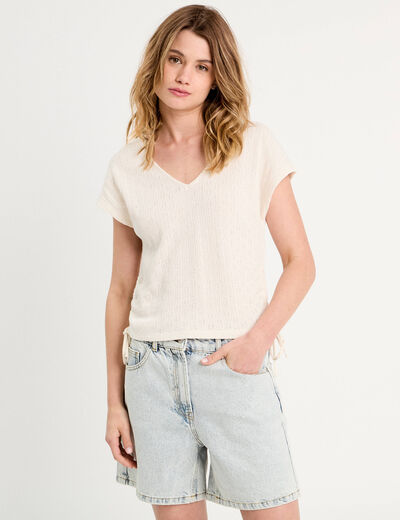 T-shirt ajouré détails cordons ecru femme