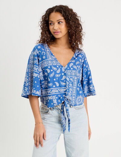 Blouse nouée manches 3/4 bleu femme