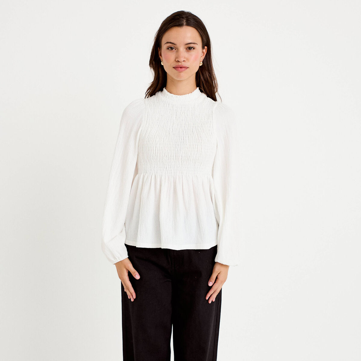 Blouse droite manches longues pliss&eacute;e ecru femme
