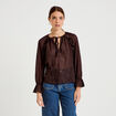 Blouse droite manches longues col rond marron fonc&eacute; femme
