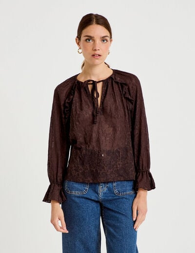 Blouse droite manches longues col rond marron fonc&eacute; femme