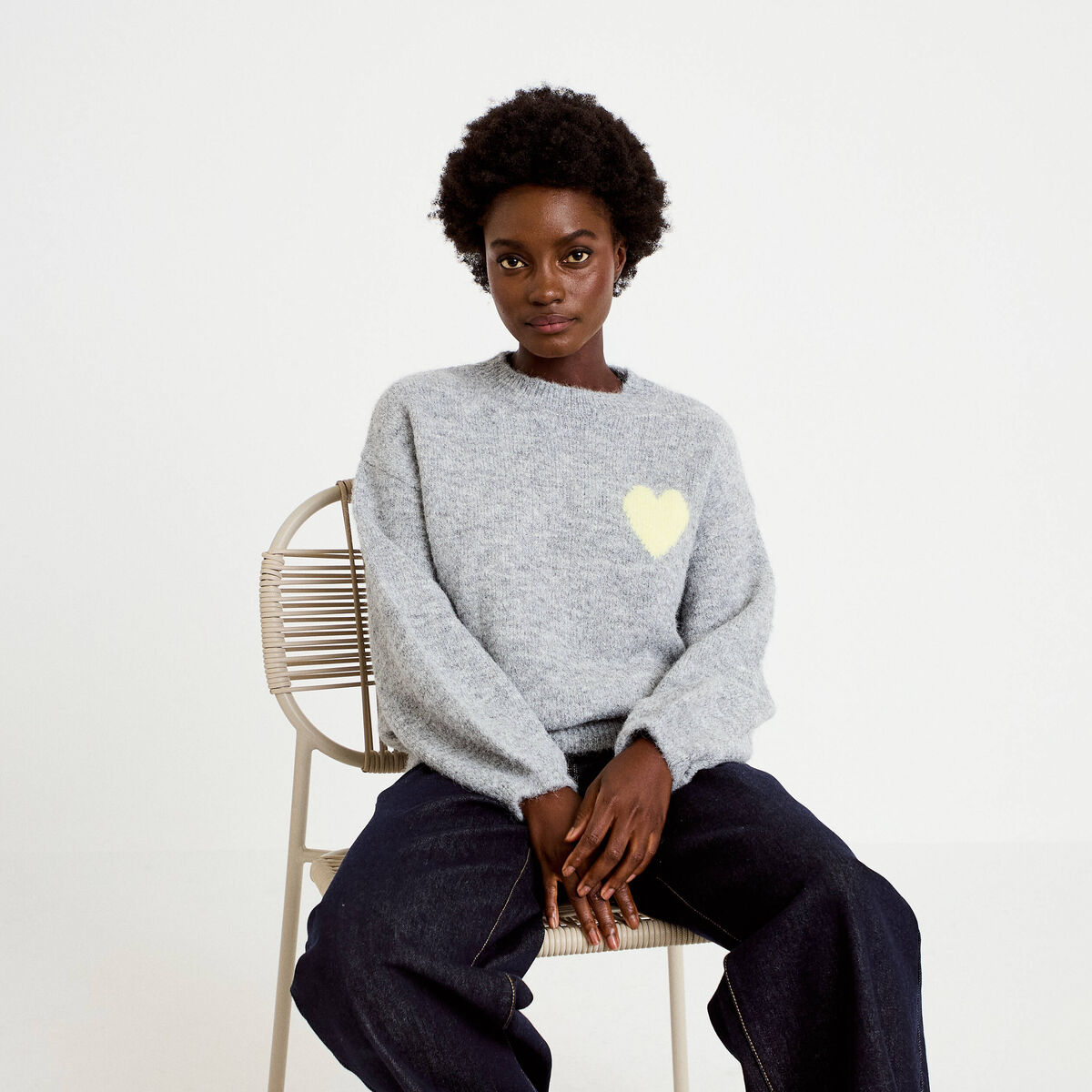 Pull oversize col rond manches longues gris clair femme