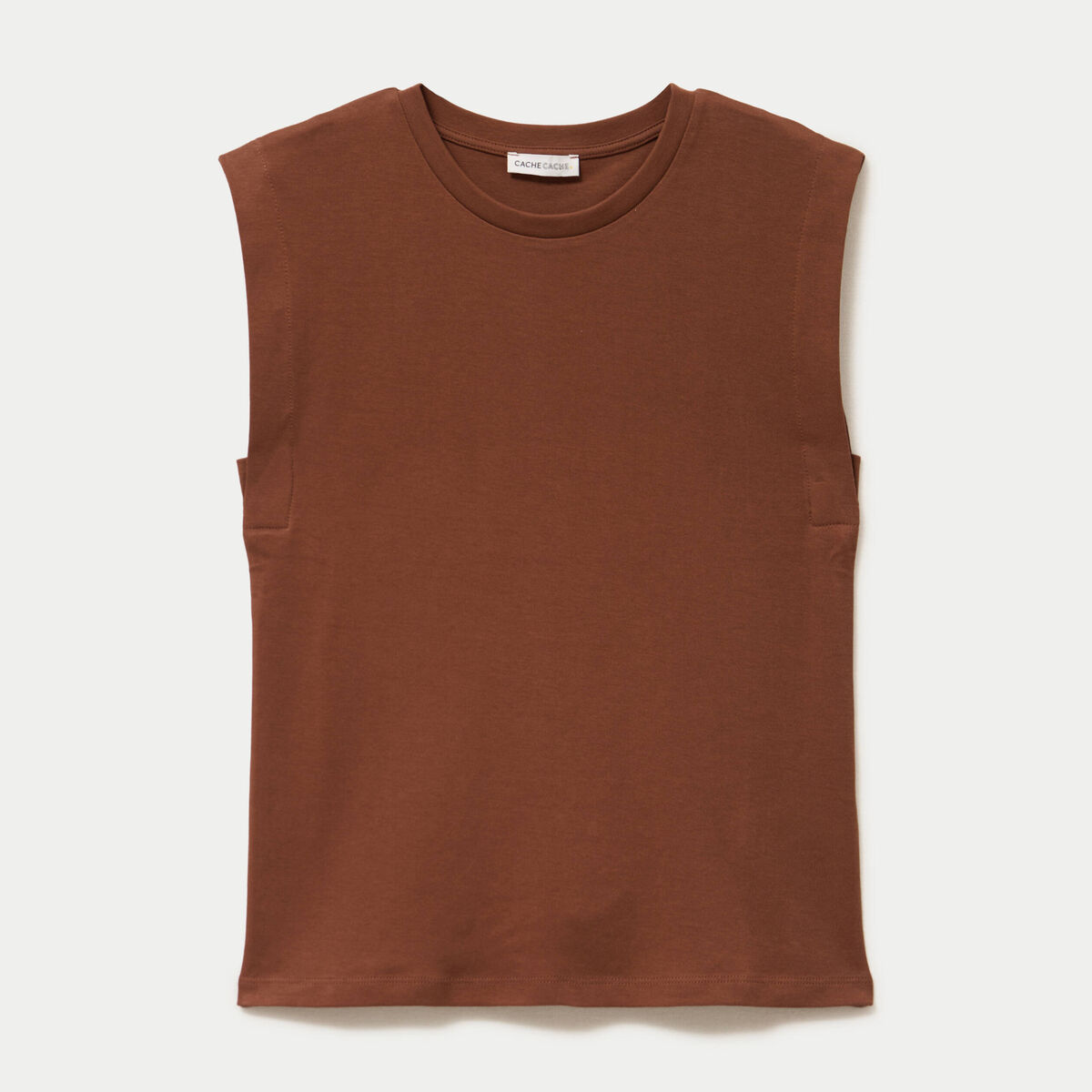 T-shirt col rond sans manches marron femme
