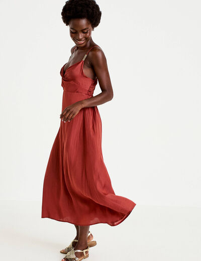 Robe longue &eacute;vas&eacute;e col v satin&eacute;e vieux rose femme
