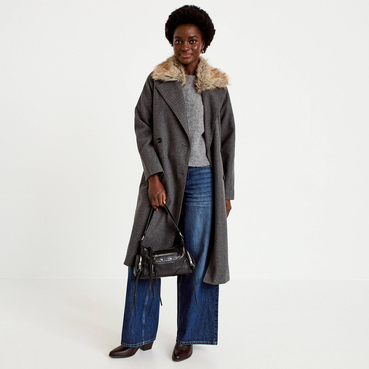 Manteau droit mi-long &agrave; manches longues gris femme