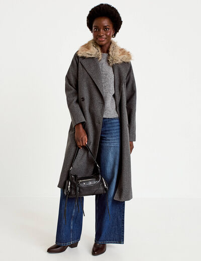 Manteau droit mi-long &agrave; manches longues gris femme