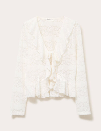 Gilet cintr&eacute; ajour&eacute; manches longues ecru femme