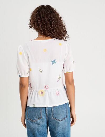 Blouse nouée brodée blanc femme