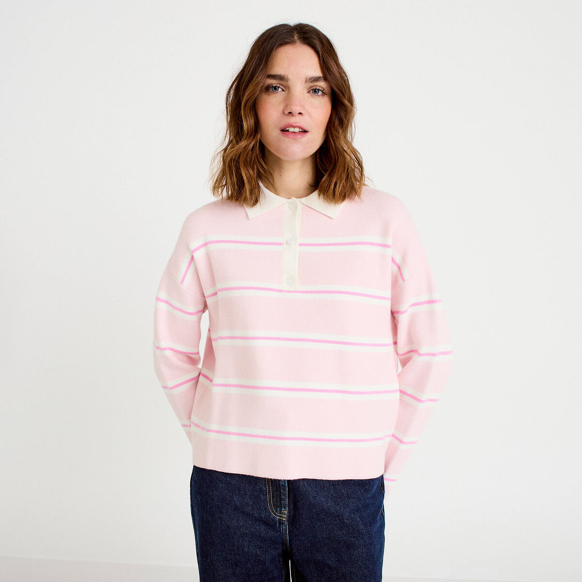 Polo manches longues col chemise rose poudr&eacute;e femme