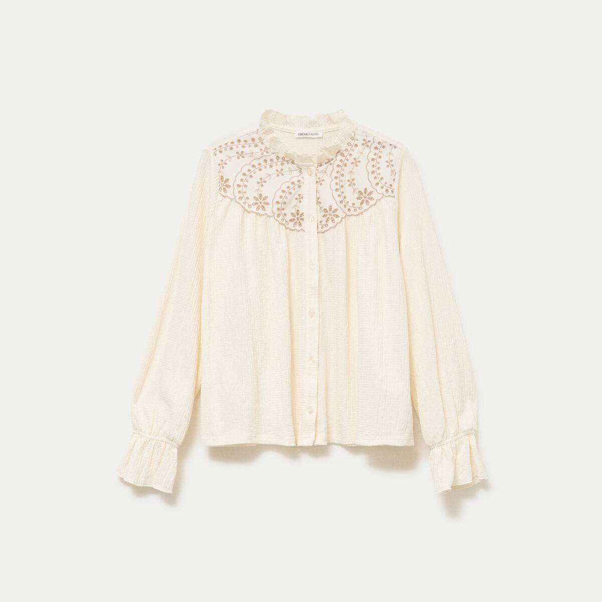 Blouse droite manches longues pliss&eacute;e ivoire femme