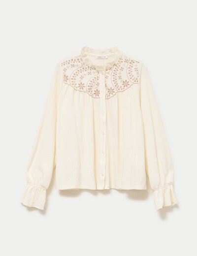 Blouse droite manches longues pliss&eacute;e ivoire femme