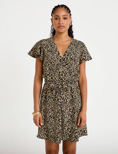 Robe courte &eacute;vas&eacute;e col v manches courtes beige femme