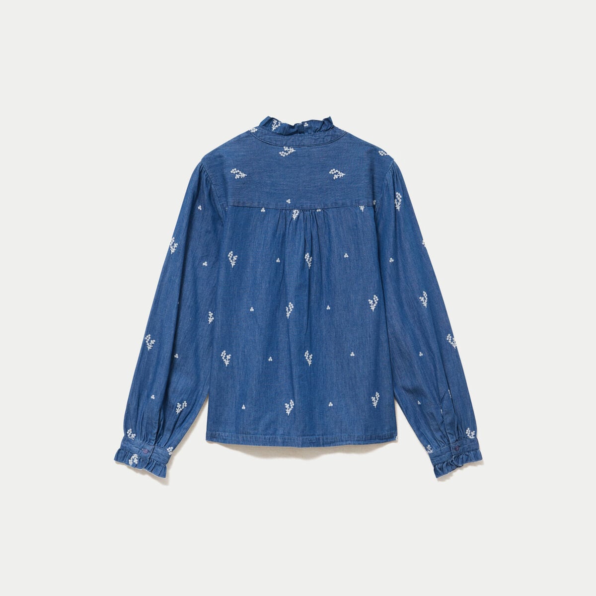 Chemise droite en jean col montant blanc femme