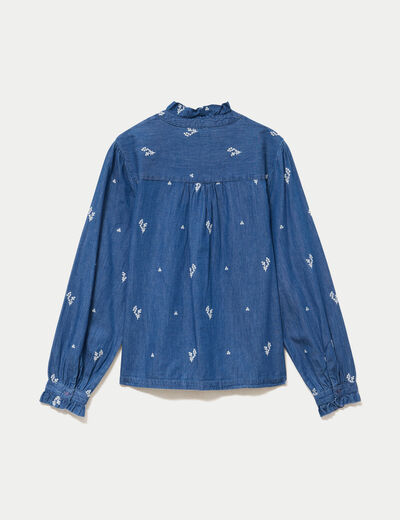 Chemise droite en jean col montant blanc femme