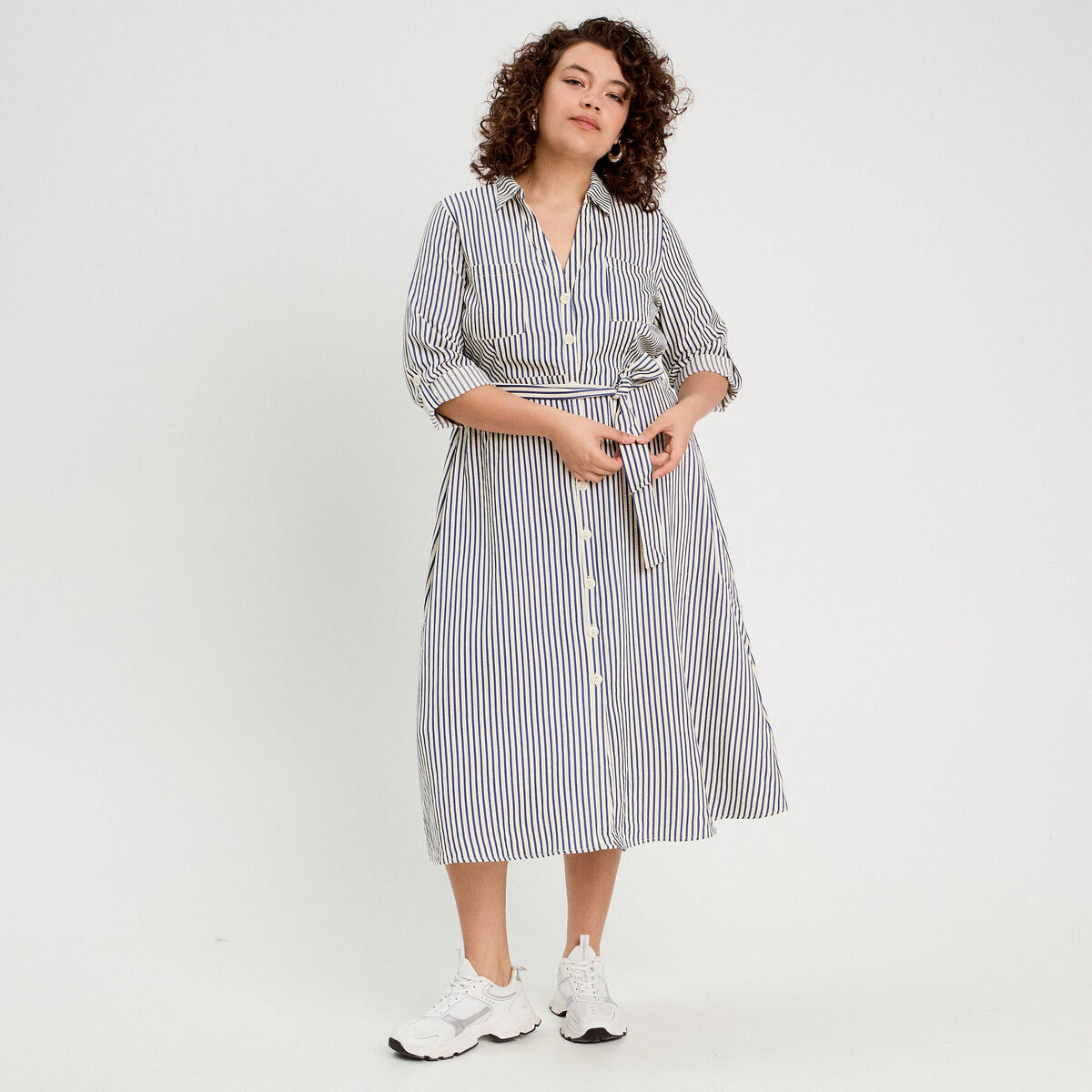 Robe longue chemise ceinturée bleu marine femme