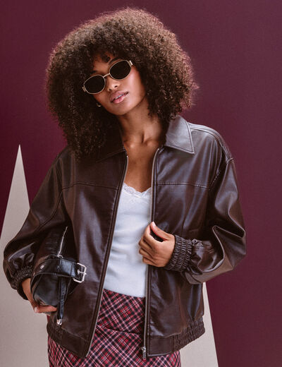 Bomber oversize similicuir col chemise marron foncé femme