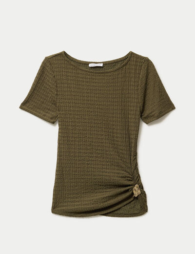 T-shirt col rond manches courtes bijou vert kaki femme
