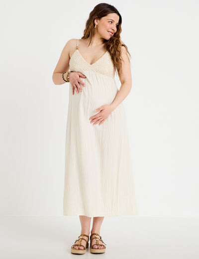 Robe bi-mati&egrave;re col v bretelles fines ecru femme