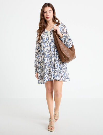 Robe droite col v manches longues blanc femme