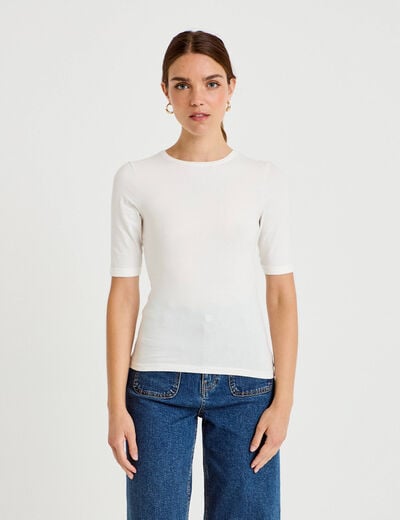 T-shirt ajust&eacute; col rond manches courtes ecru femme
