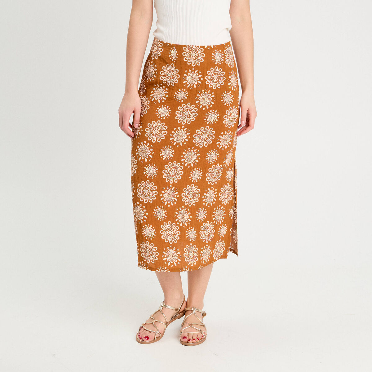 Jupe midi évasée camel femme
