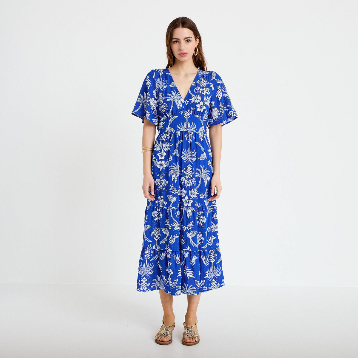 Robe &eacute;vas&eacute;e col v bleu roi femme