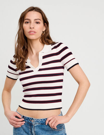 Pull manches courtes col polo blanc femme