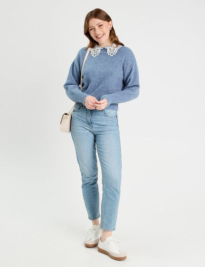 Pull col claudine dentelle bleu femme