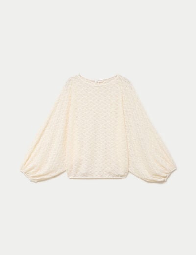 Blouse dentelle col rond manches longues ecru femme
