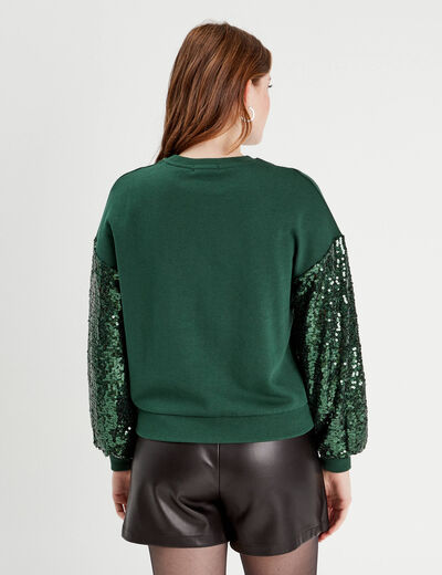 Sweat manches sequins vert foncé femme