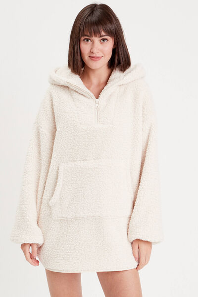 Poncho laine mouton à capuche ecru femme