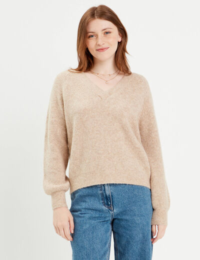 Pull avec col en V beige femme