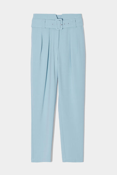 Pantalon cigarette ceinturé bleu gris femme